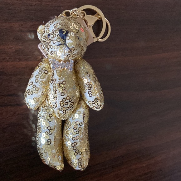 Gold sequin teddy bear key purse charm - Picture 10 of 11